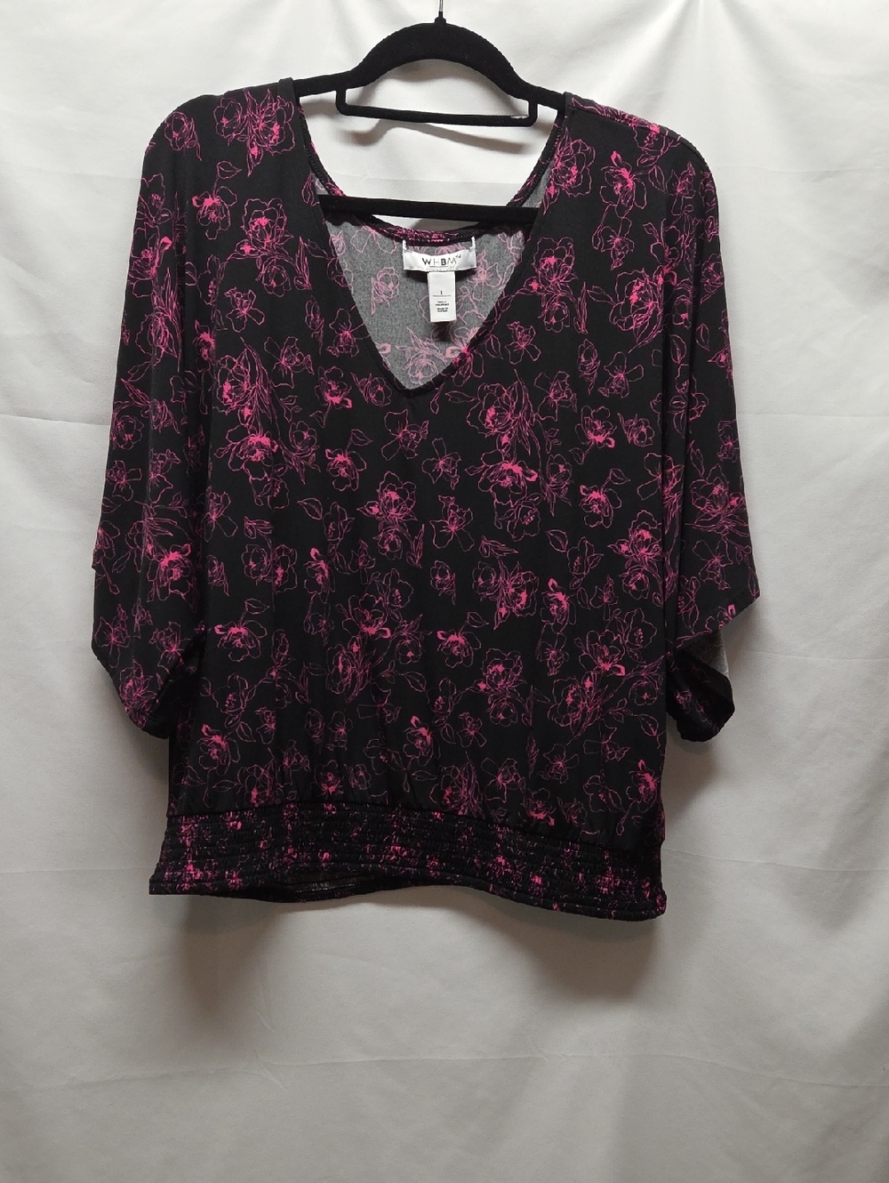WHBM Black Top With Pink Flowers Size L Garden Party Casual